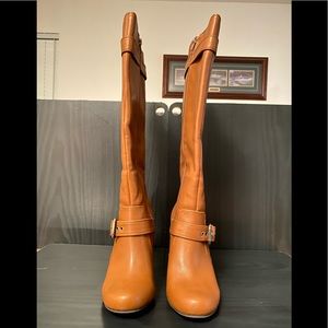 COPY - Tan heeled knee high boots with buckle embellishments